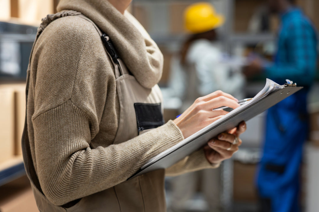A warehouse worker in a beige uniform writing on a clipboard while taking inventory, with a colleague in a hard hat working in the blurred background.