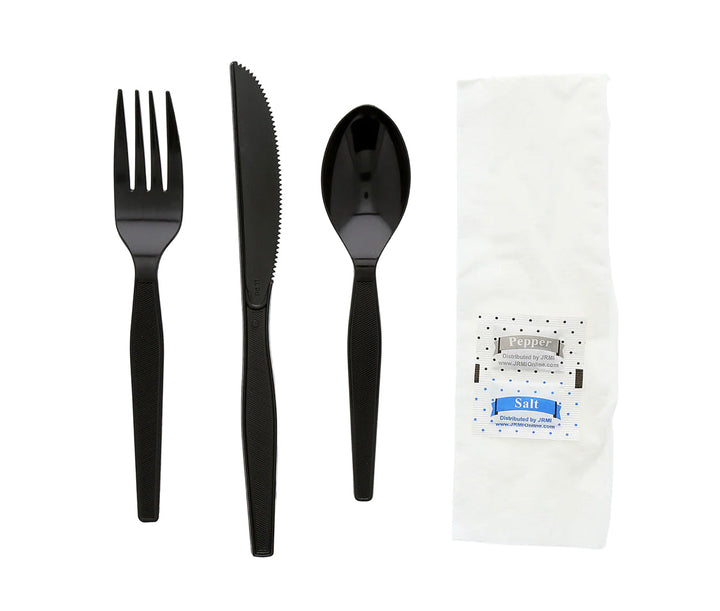 Cutlery Kits, 6 Piece, (F,K,S,Nap,S&P), Medium Heavy Weight, Black, PS - 250 Kits