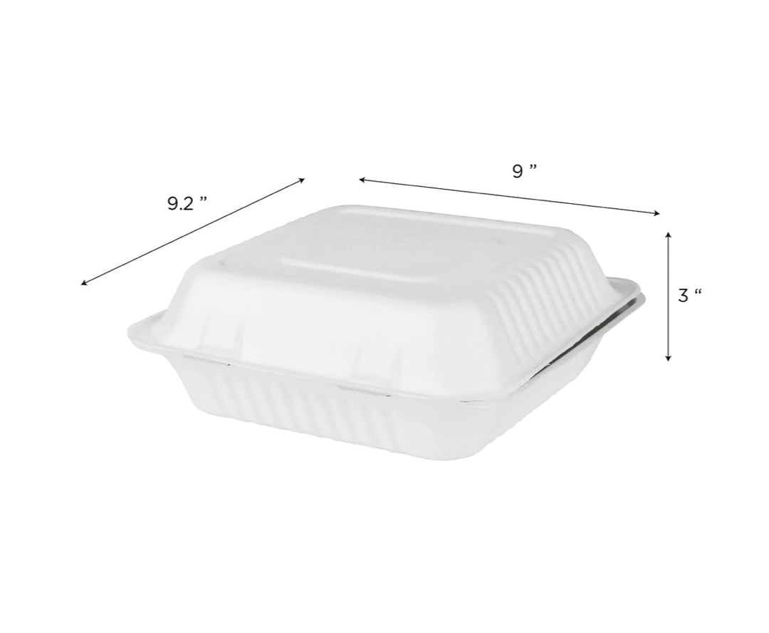 9"x 9" PFAS Free Compostable Bagasse Hinged Container, White, 3 Compartments - 200 pcs