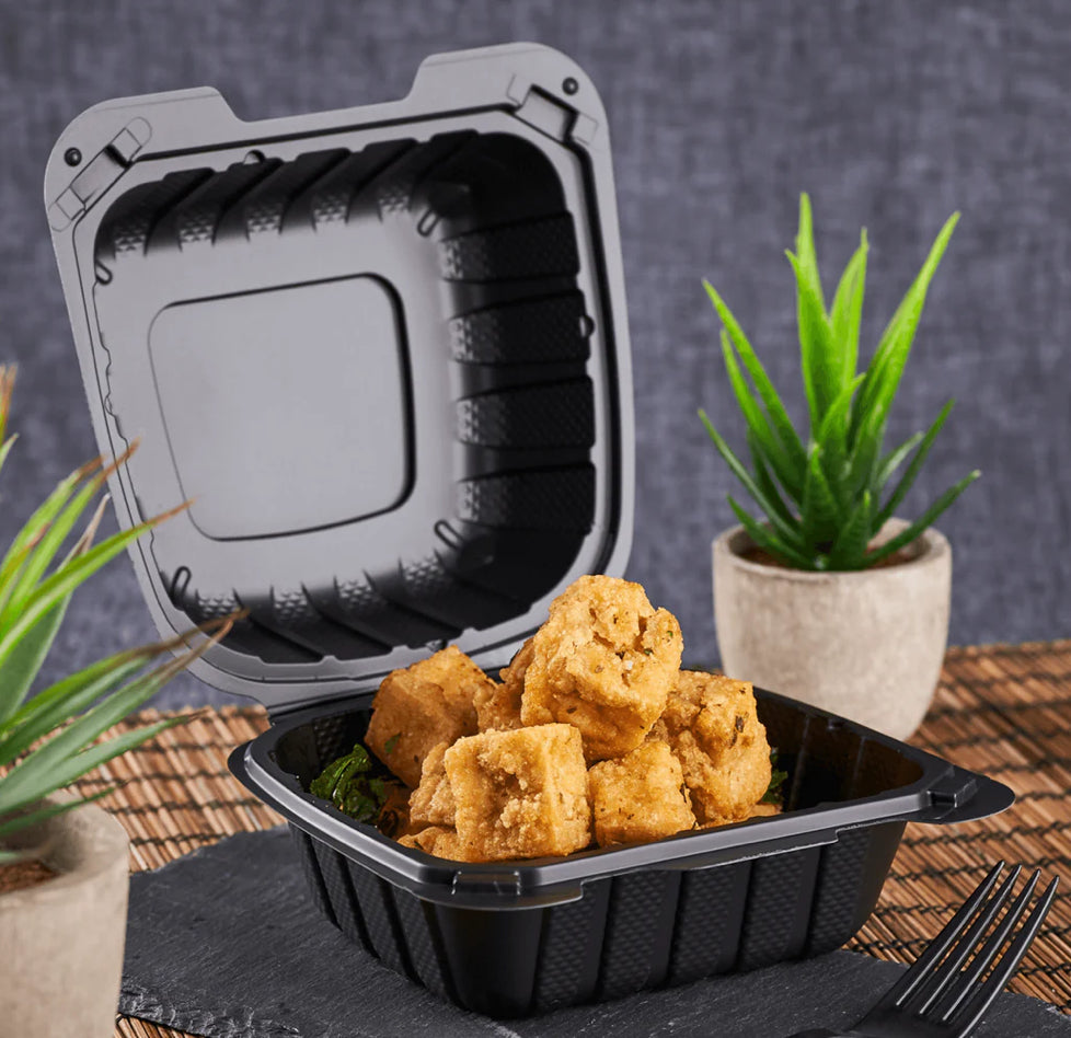 6" x 6" Mineral Filled PP Hinged Container, 1 compartment, Black - 400 pcs
