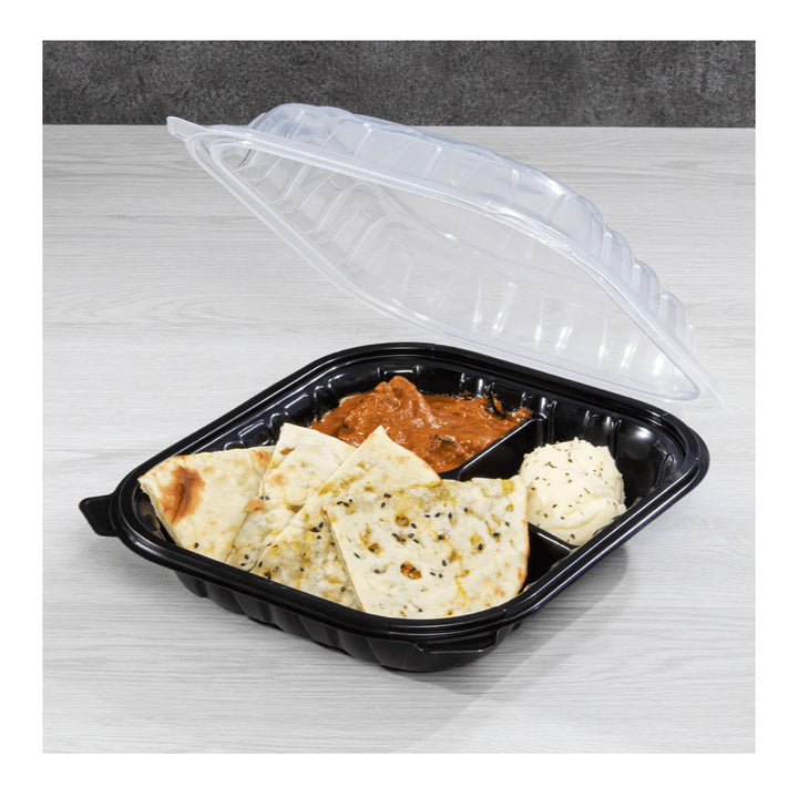 Hinged Container 10.25"x 9" (3 Compartment) Premium PP, Blk w/Clear Top - 150 pcs