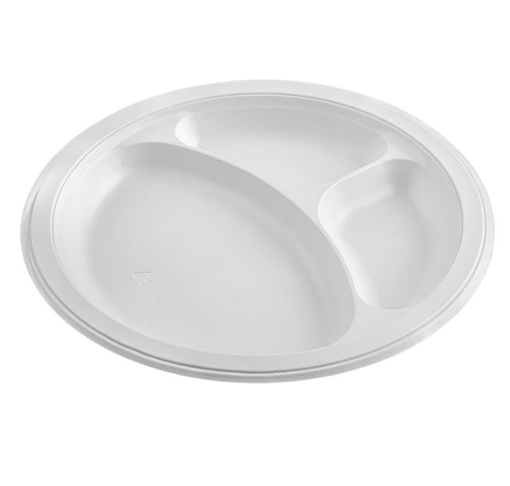 9" Mineral Filled PP Plate, Round, 3-compartment, White - 500 Pcs