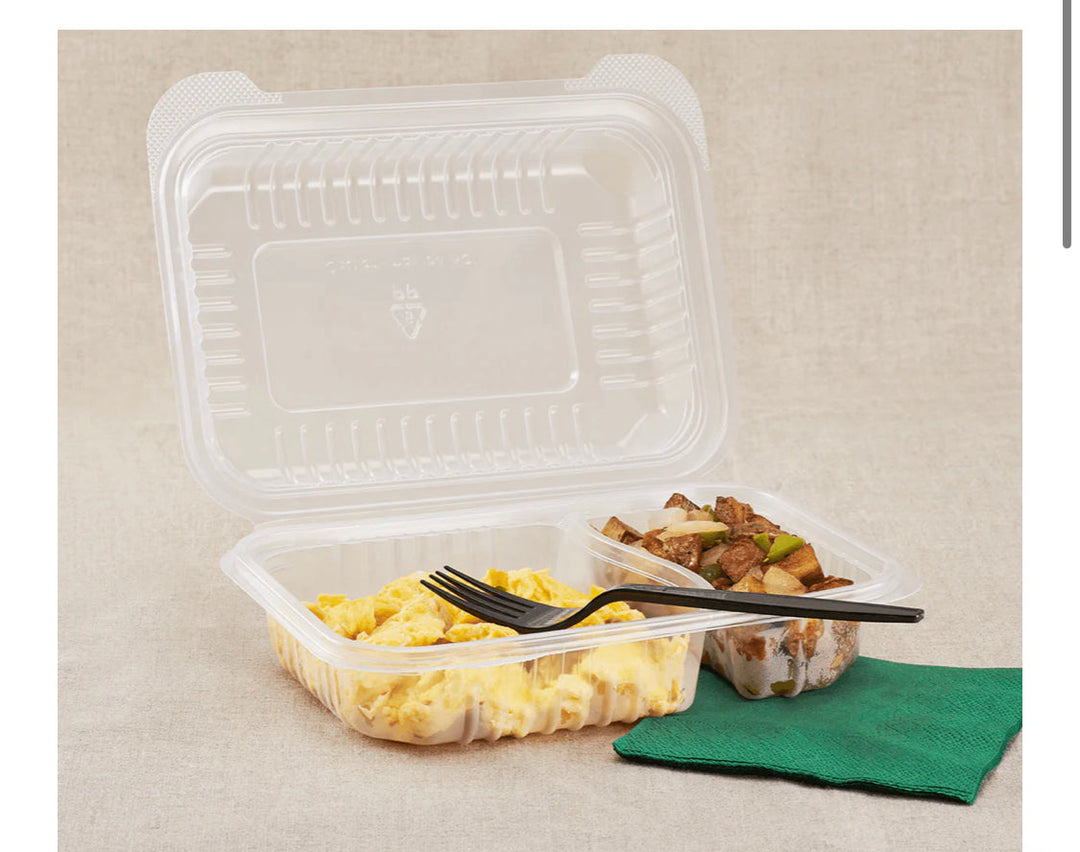 Hinged Container, 9'' x 6" PP Plastic, 2 Compartment, Clear - 250 pcs