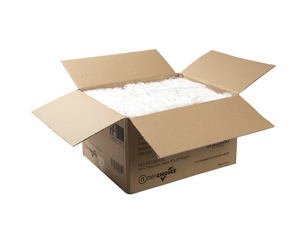 Cutlery Kit, PP, 4 Piece White Medium Weight (Fork,Teaspoon,Nap,MS), 500 Kits