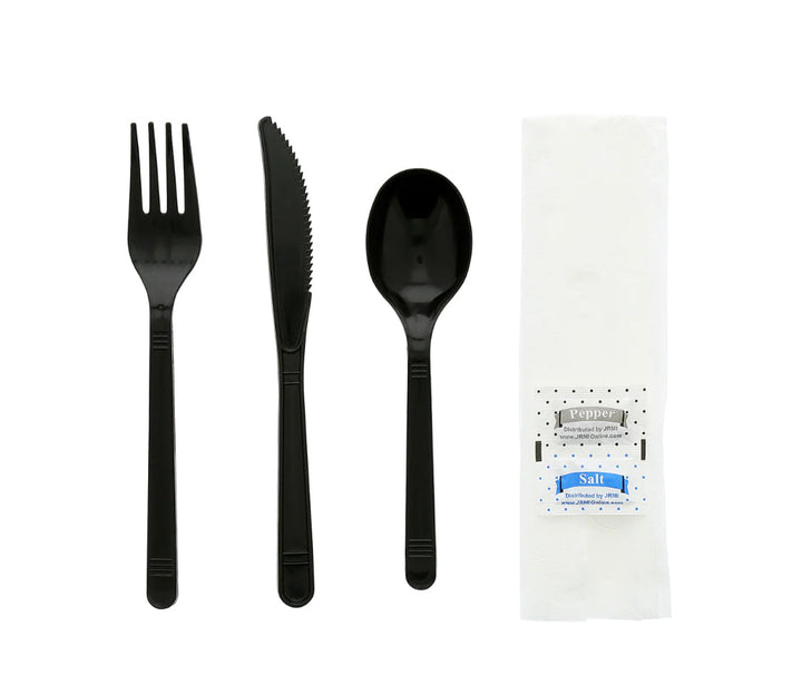 Cutlery Kits, 6 Piece, (F,K,SS,Nap,S&P), Medium Heavy Weight , Black, PP - 250 Kits