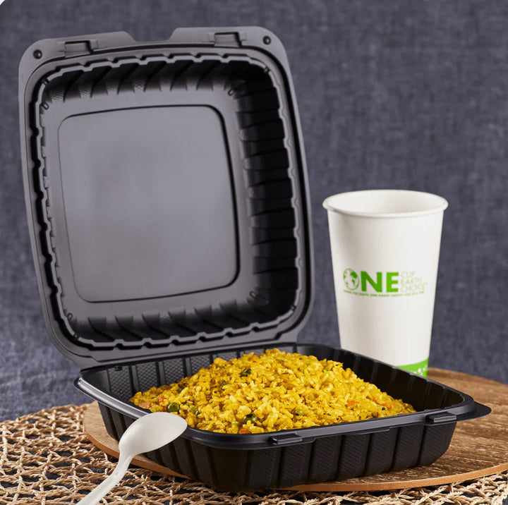 9" x 9" Mineral Filled PP Hinged Container, 1 compartment, Black - 120 pcs