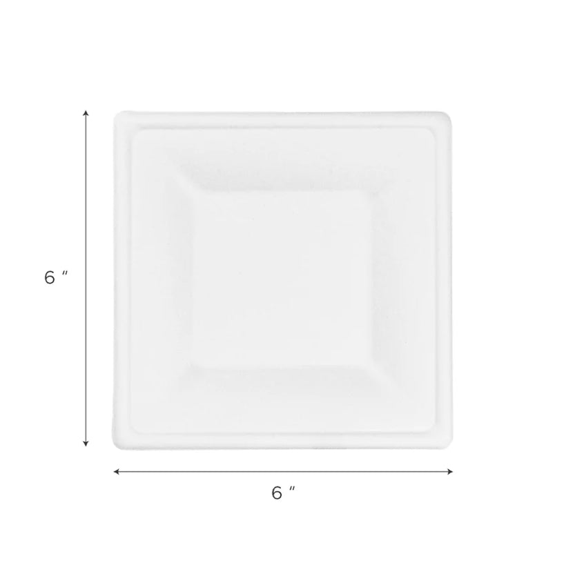 6" PFAS Free Compostable Bagasse Square Plates, White - 500 pcs