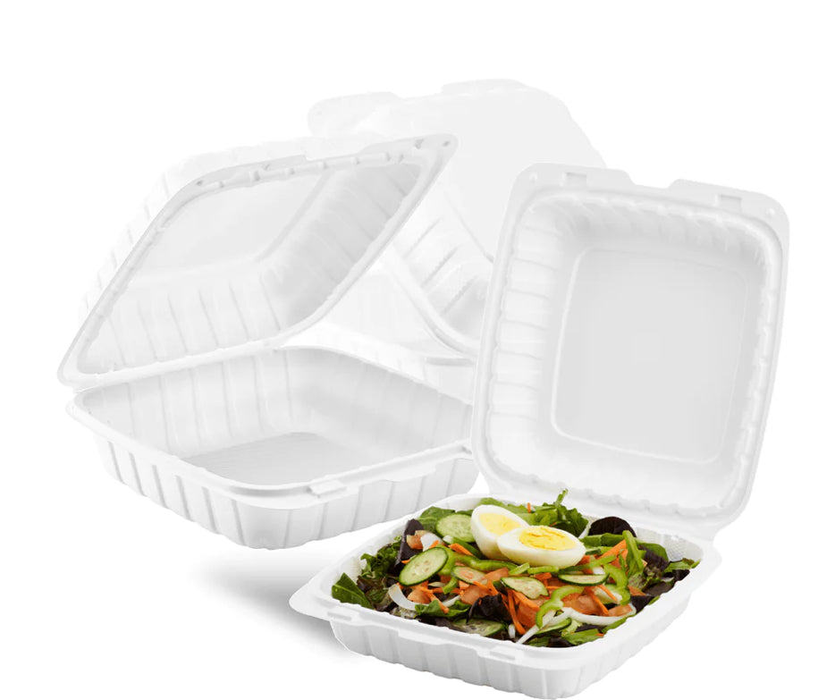 8" x 8" Mineral Filled PP Hinged Container, 1 compartment, White - 200 pcs