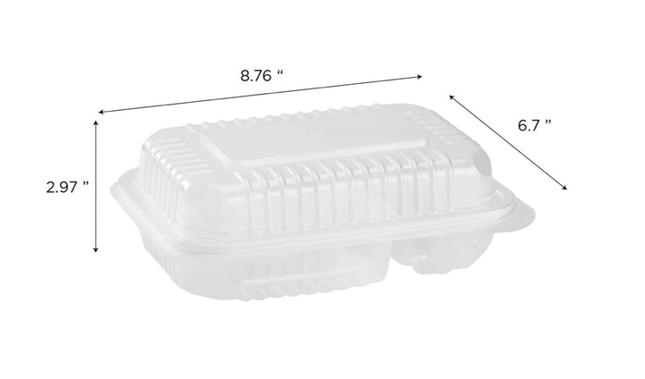 Hinged Container, 9'' x 6" PP Plastic, 2 Compartment, Clear - 250 pcs