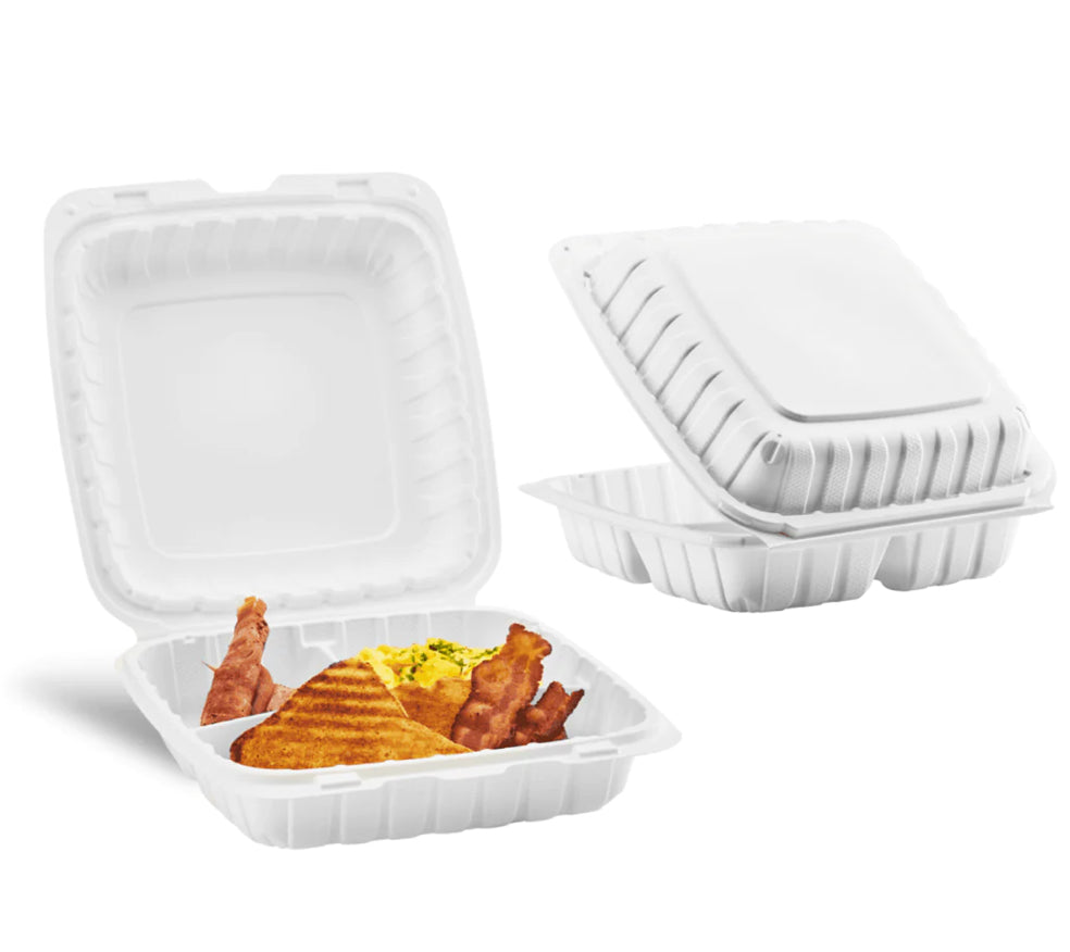 9" x 9" Mineral Filled PP Hinged Container, 3 compartment, White - 120 pcs