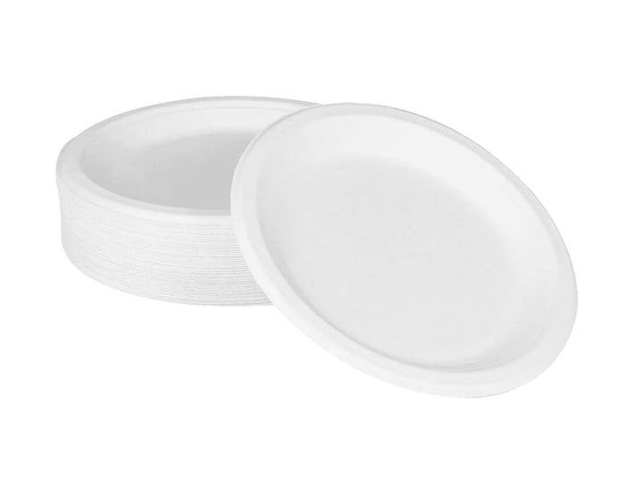 9'' PFAS Free Compostable Bagasse Round Plates, White - 500 pcs