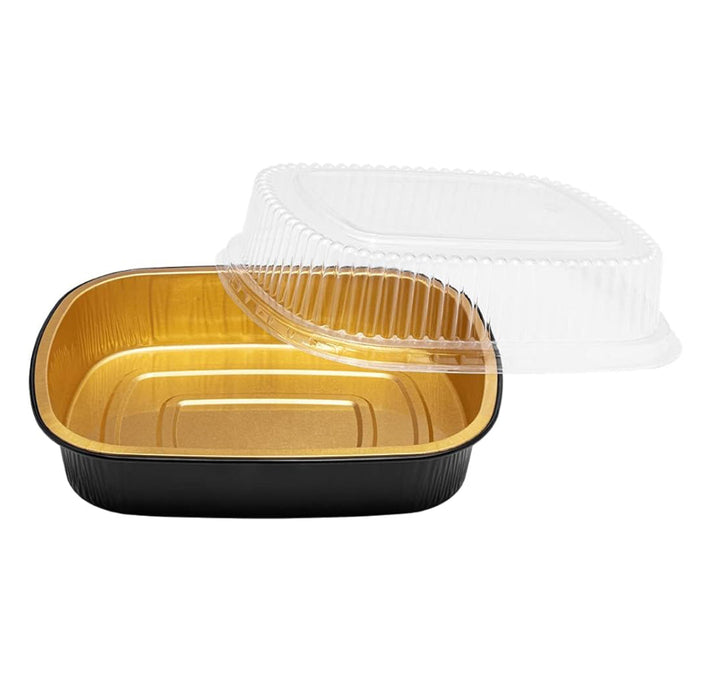 48 oz Black and Gold Aluminum Foil Take Out Pan with Clear PET Dome Lid, 9.7'' x 7.7'' x 1.7'' - 50 pcs