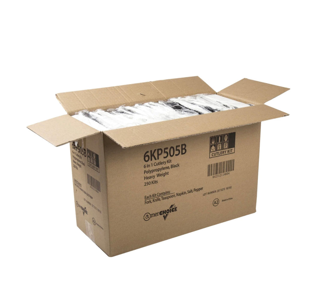 Cutlery Kit, PP, 6 Piece Black Heavy Weight (F,K,S,Nap,S&P), 250 Kits