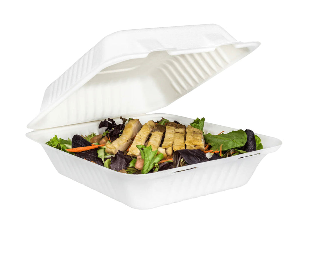 8''x 8'' PFAS Free Compostable Bagasse Hinged Containers, White - 200 pcs
