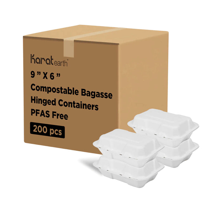 9''x 6'' PFAS Free Compostable Bagasse Hinged Containers, White - 200 pcs