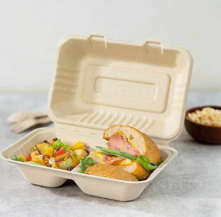 9''x 6'' PFAS Free Compostable Bagasse Hinged Containers, 2 Compartment, Natural - 200 pcs