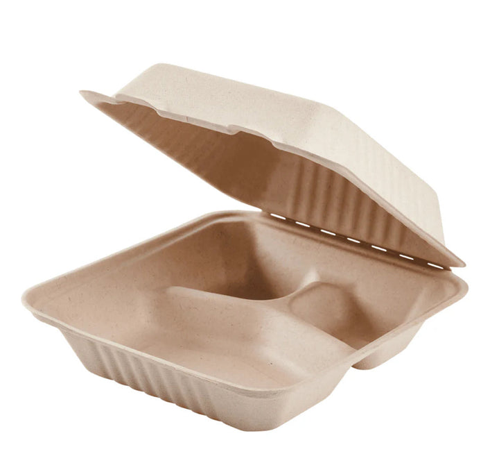 8''x 8'' PFAS Free Compostable Bagasse Hinged Containers, 3 Compartment Natural - 200 pcs (Copy)