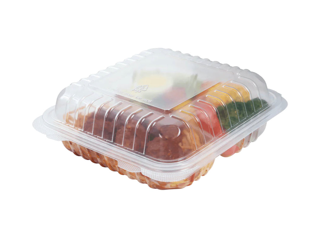 Hinged Container, 8'' x 8" PP Plastic, 3 Compartment, Clear - 250 pcs