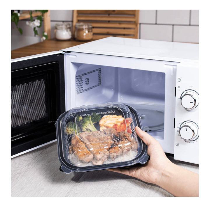 Hinged Container 8"x 8" (3 Compartment) Premium PP, Blk w/Clear Top - 150 pcs