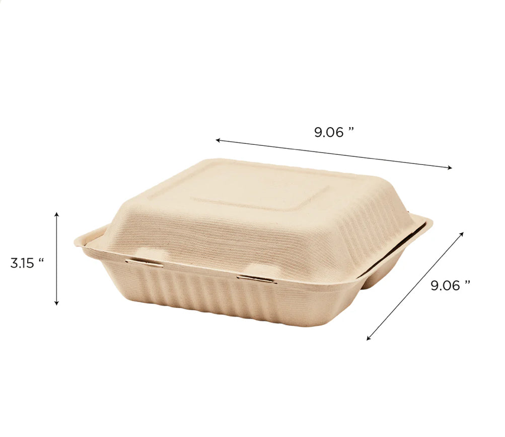9'' x 9'' PFAS Free Compostable Bagasse Hinged Containers, 3 Comp, Natural - 200 pcs