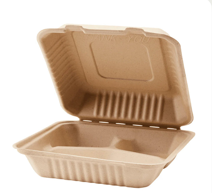 9'' x 9'' PFAS Free Compostable Bagasse Hinged Containers, 3 Comp, Natural - 200 pcs