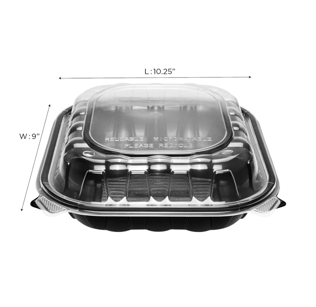 Hinged Container 10.25"x 9" (3 Compartment) Premium PP, Blk w/Clear Top - 150 pcs