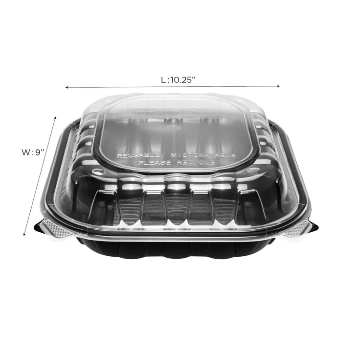 Hinged Container 10.25"x 9" (3 Compartment) Premium PP, Blk w/Clear Top - 150 pcs