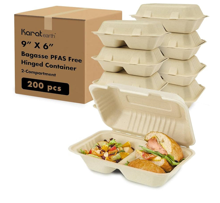 9''x 6'' PFAS Free Compostable Bagasse Hinged Containers, 2 Compartment, Natural - 200 pcs