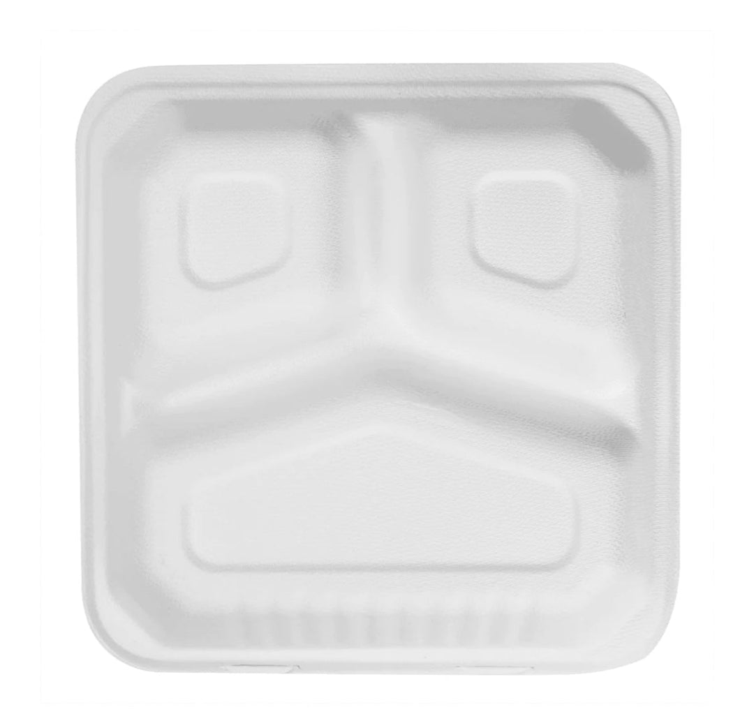 9"x 9" PFAS Free Compostable Bagasse Hinged Container, White, 3 Compartments - 200 pcs