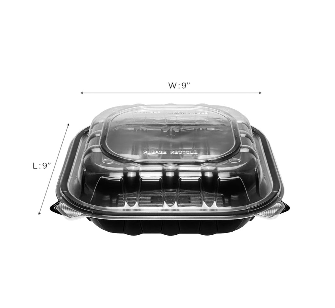 Hinged Containers (3 Compartments), 9"x 9", Blk w/Clear Top, Premium PP - 150 pcs