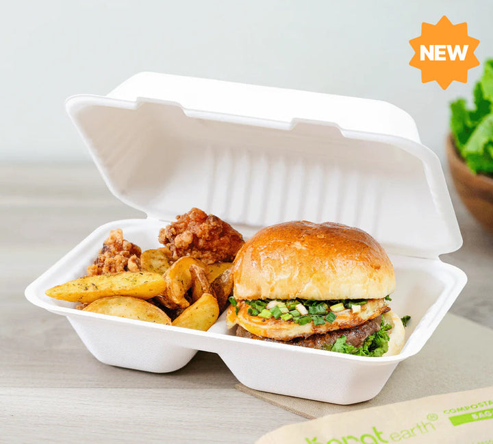 9''x 6'' PFAS Free Compostable Bagasse Hinged Containers, 2 Compartments White - 200 pcs