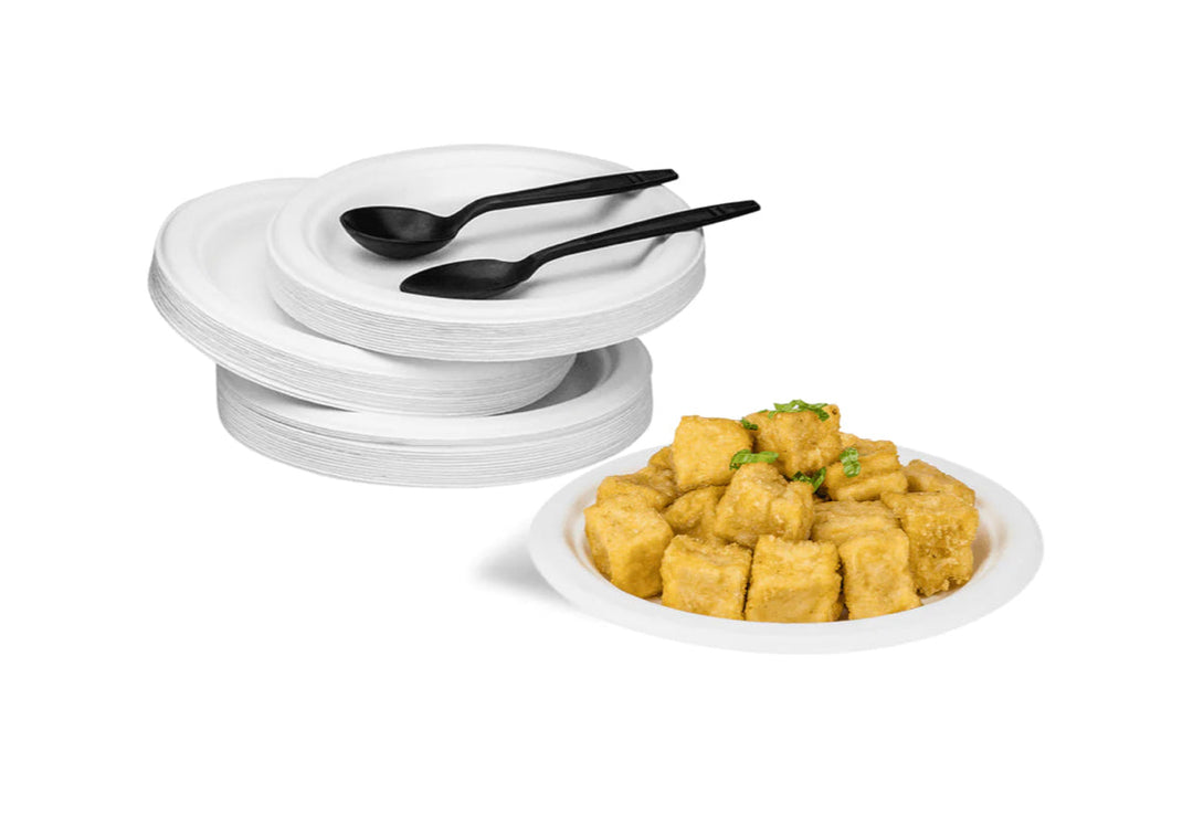 7" PFAS Free Compostable Bagasse Round Plates, White - 1,000