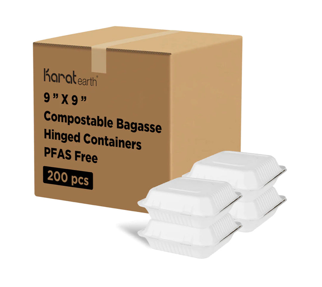 9'' x 9'' PFAS Free Compostable Bagasse Hinged Containers, White - 200 pcs