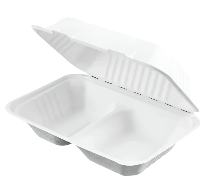 9''x 6'' PFAS Free Compostable Bagasse Hinged Containers, 2 Compartments White - 200 pcs