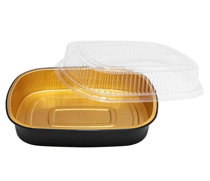 72 oz Black and Gold Aluminum Foil Take Out Pan with Clear PET Dome Lid, 11.3''x 8.8'' x 1.7'' - 50 pcs