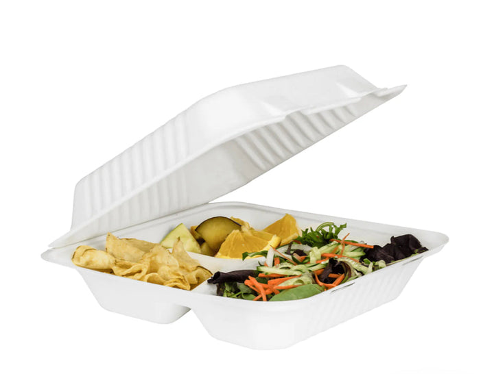 8''x 8'' PFAS Free Compostable Bagasse Hinged Containers, White, 3 Compartments - 200 pcs