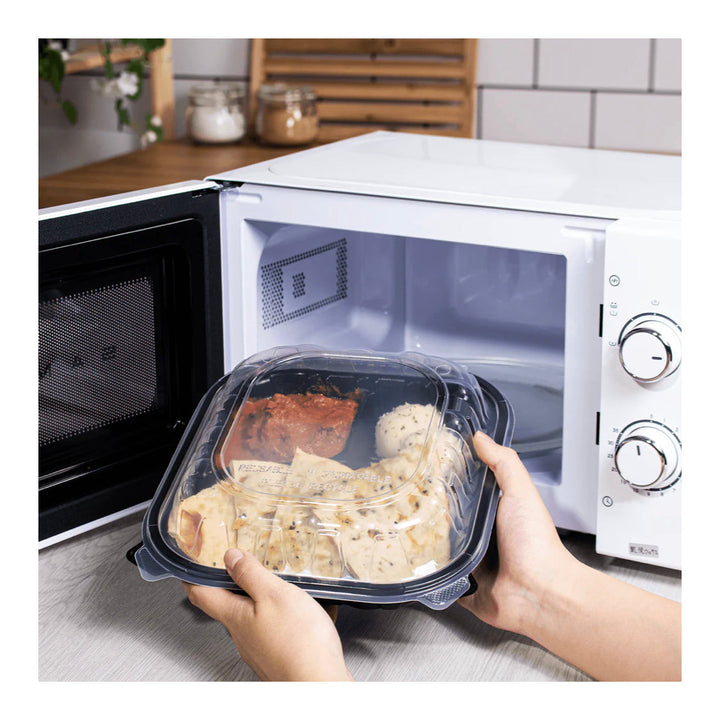 Hinged Container 10.25"x 9" (3 Compartment) Premium PP, Blk w/Clear Top - 150 pcs