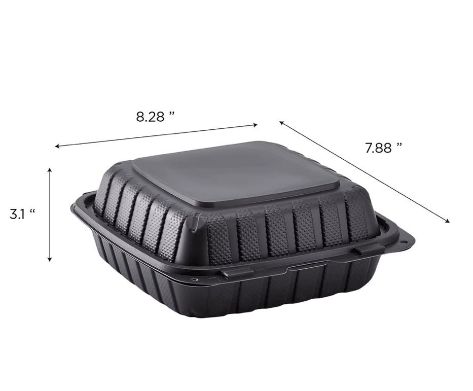 8" x 8" Mineral Filled PP Hinged Container, 1 compartment, Black - 200 pcs
