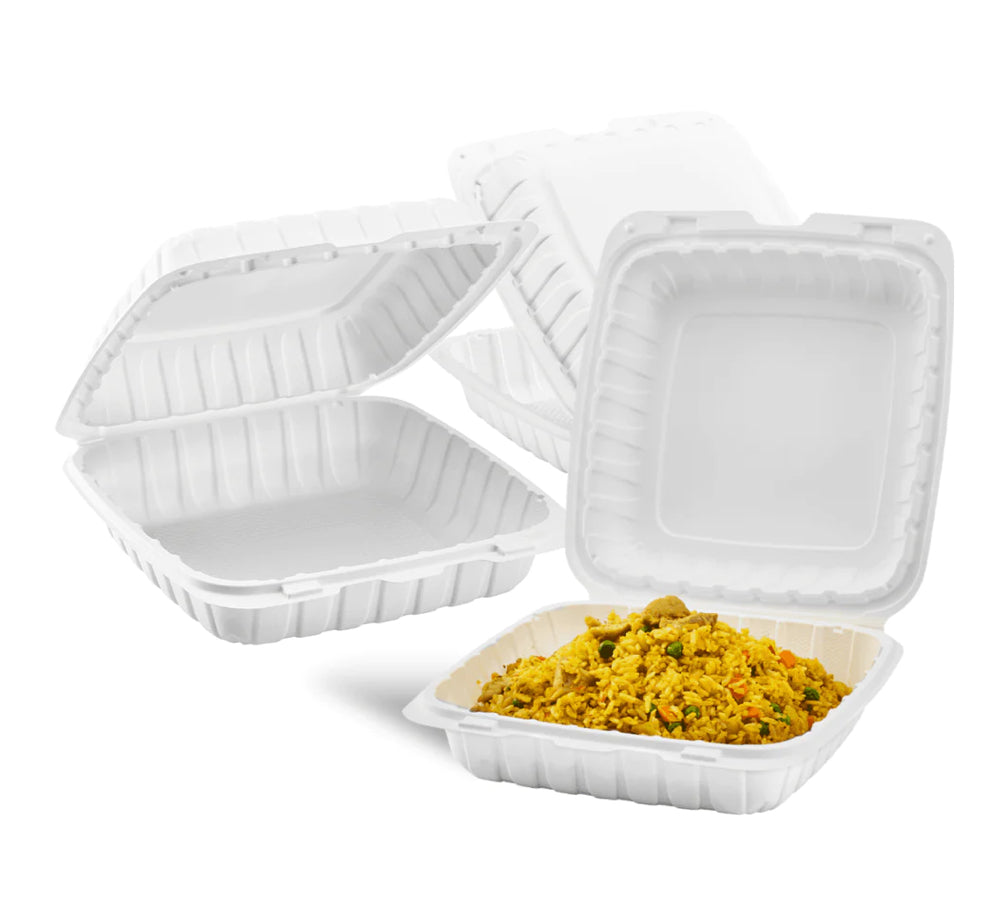 9" x 9" Mineral Filled PP Hinged Container, 1 compartment, White - 120 pcs