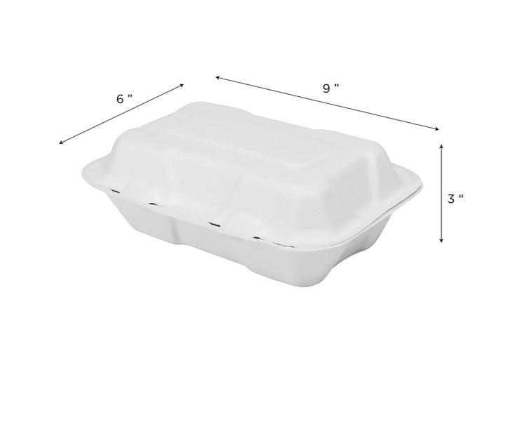 9''x 6'' PFAS Free Compostable Bagasse Hinged Containers, White - 200 pcs