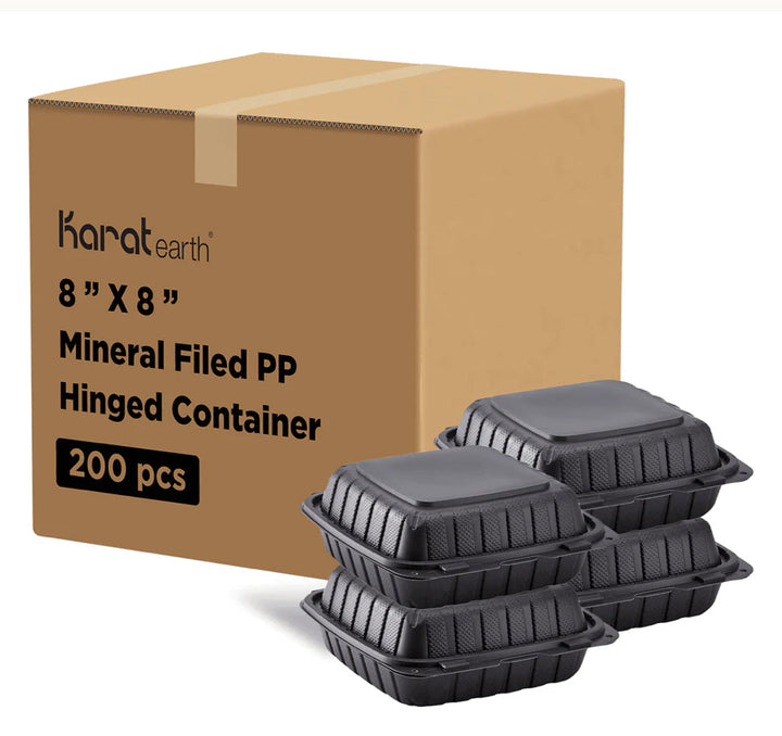 8" x 8" Mineral Filled PP Hinged Container, 1 compartment, Black - 200 pcs