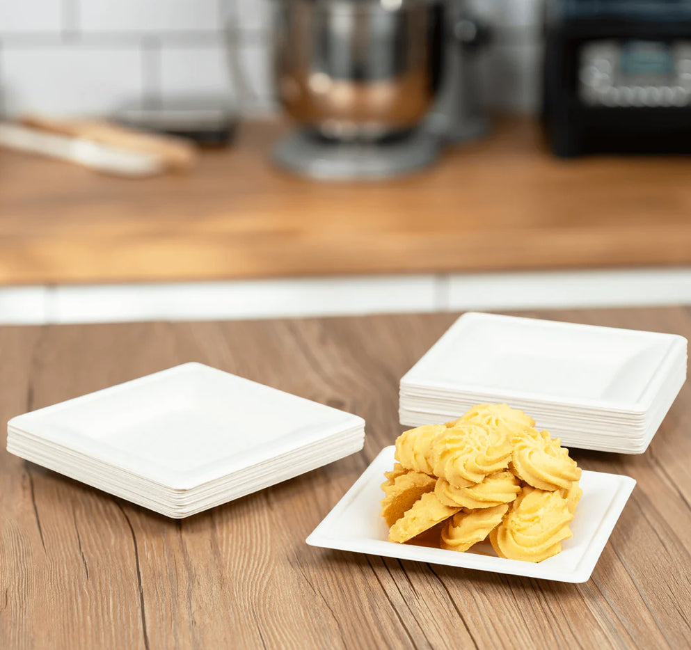 6" PFAS Free Compostable Bagasse Square Plates, White - 500 pcs