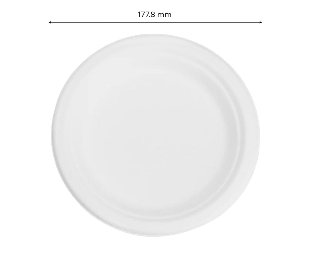 7" PFAS Free Compostable Bagasse Round Plates, White - 1,000