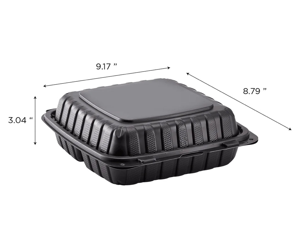 9" x 9" Mineral Filled PP Hinged Container, 3 compartment, Black - 120 pcs