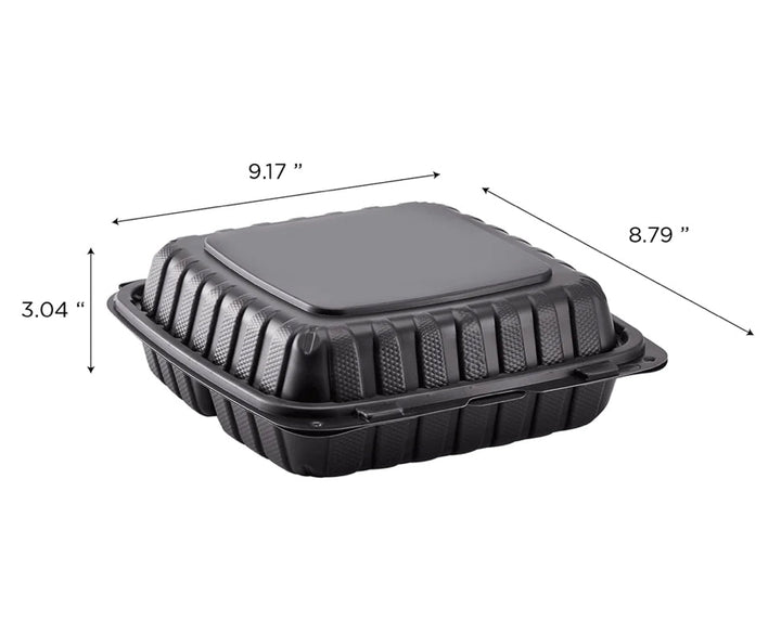 9" x 9" Mineral Filled PP Hinged Container, 3 compartment, Black - 120 pcs