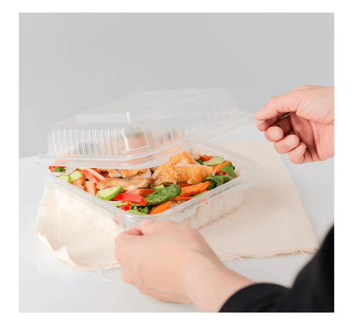 Hinged Container, 7'' x 7" PP Plastic, Clear - 250 pcs