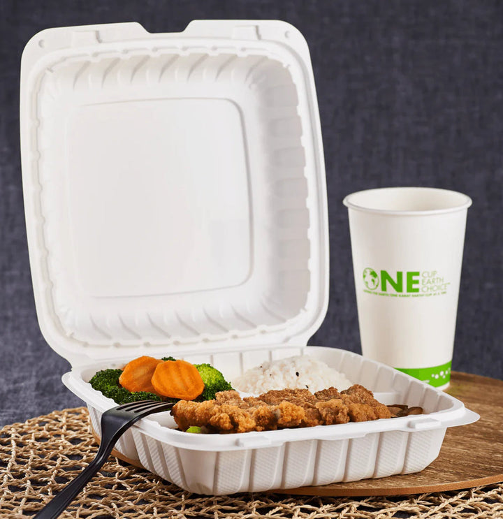 9" x 9" Mineral Filled PP Hinged Container, 3 compartment, White - 120 pcs