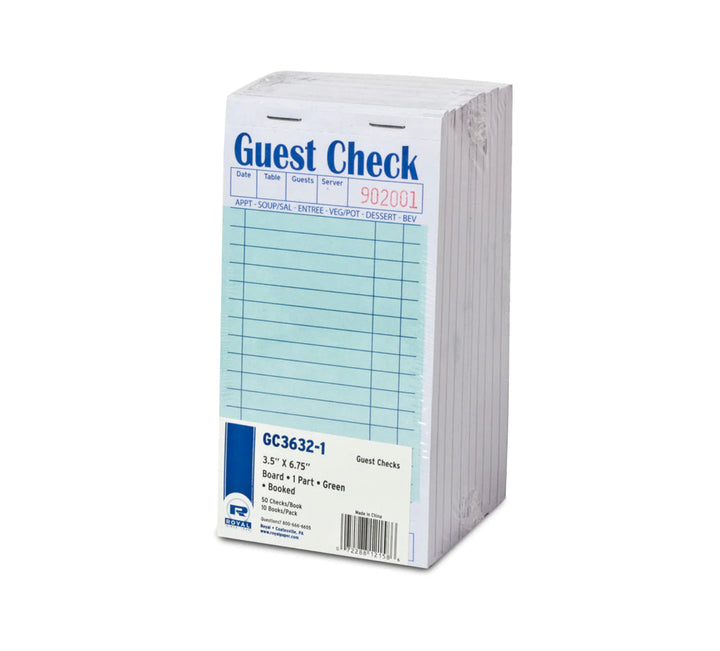 Guest Check, 15 Lines, Green, Heavyweight, 1 Part Booked, 50/50