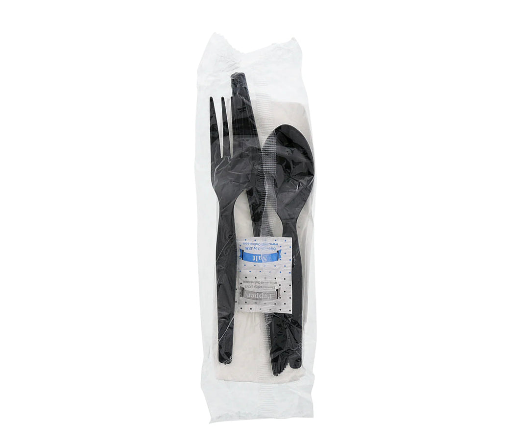 Cutlery Kits, 6 Piece, (F,K,S,Nap,S&P), Medium Heavy Weight, Black, PS - 250 Kits