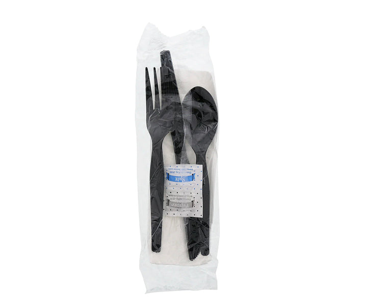 Cutlery Kits, 6 Piece, (F,K,S,Nap,S&P), Medium Heavy Weight, Black, PS - 250 Kits